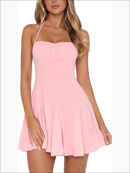 Dresses & Skirts - Halter Backless Mesh Mini Dress with Ruffle Hem for Night Out